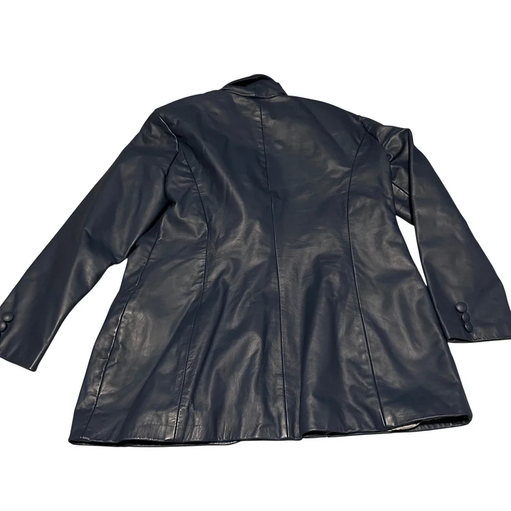 Navy Gray Blue Leather‎ Blazer Jacket and Skirt Set Two Piece Outfit
